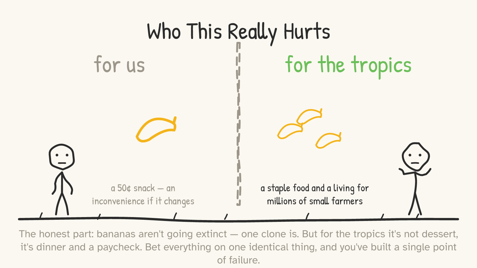 A split panel: left, a person and one banana, “for us — a 50¢ snack, an inconvenience if it changes”; right, a person carrying a cluster of bananas, “for the tropics — a staple food and a living for millions of small farmers.”
