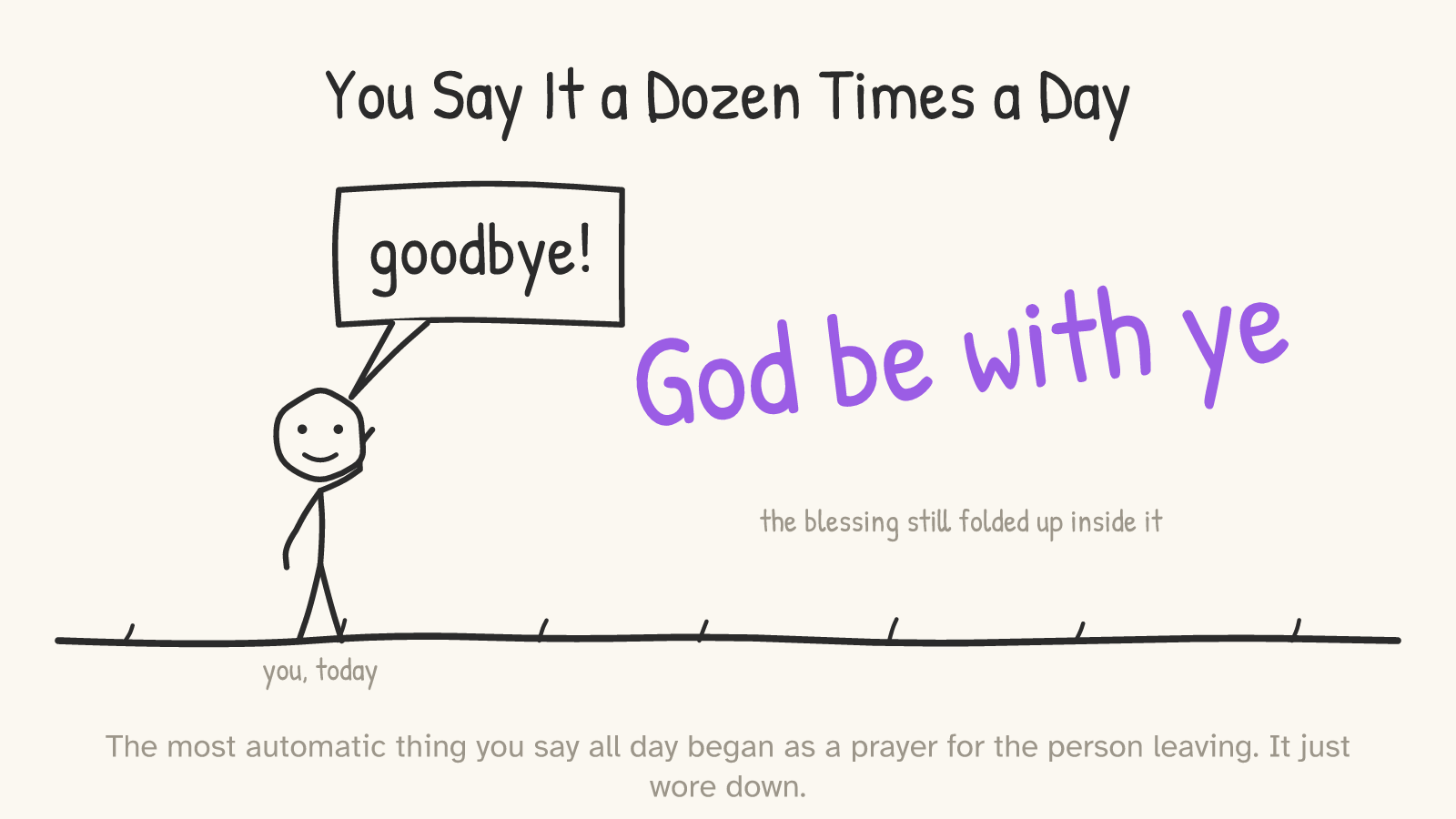 A stick figure waving, with a speech bubble “goodbye!”, and behind it the faded purple words “God be with ye.”