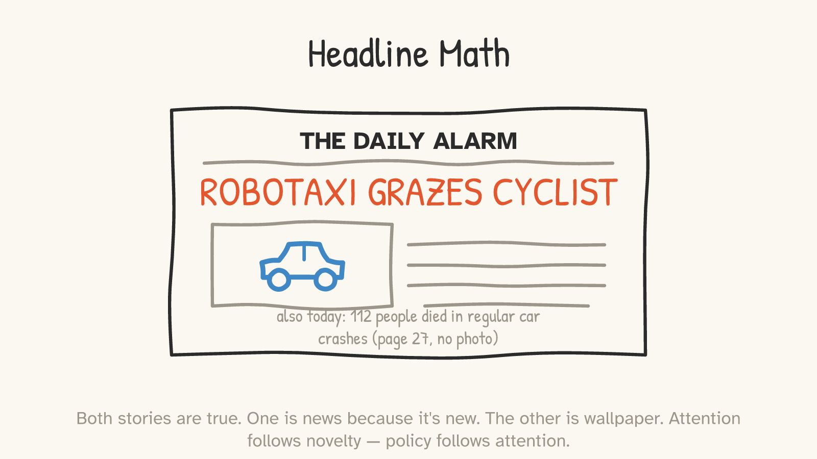 Panel: a hand-drawn newspaper front page — THE DAILY ALARM — with banner headline ROBOTAXI GRAZES CYCLIST and a photo of a blue car; buried at the bottom in small text: 'also today: 112 people died in regular car crashes (page 27, no photo)'