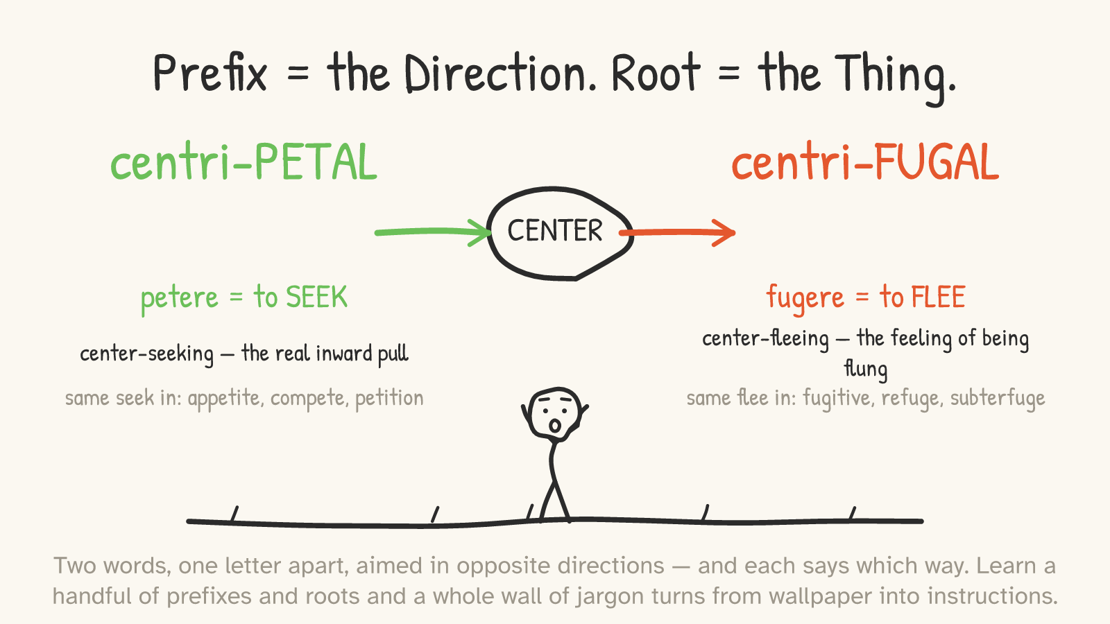 “centri-PETAL” (green, arrow pointing into a circled CENTER, “petere = to SEEK — the real inward pull”) mirrored against “centri-FUGAL” (red, arrow pointing out, “fugere = to FLEE”), with an excited figure. Headline: “Prefix = the Direction. Root = the Thing.”