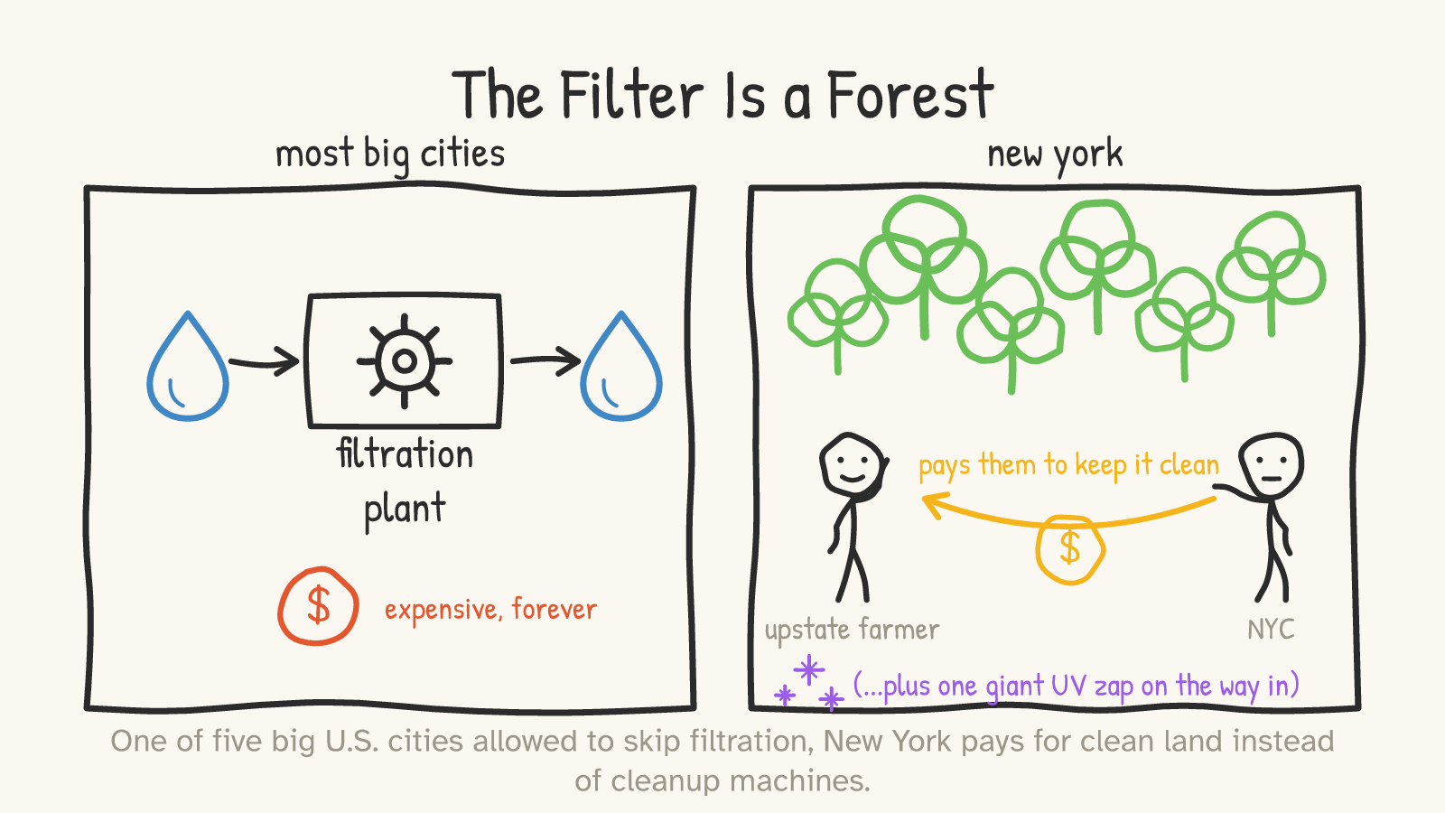 Panel 5: two panels comparing most big cities' filtration plants with New York paying upstate farmers to keep the watershed clean, plus a giant UV zap